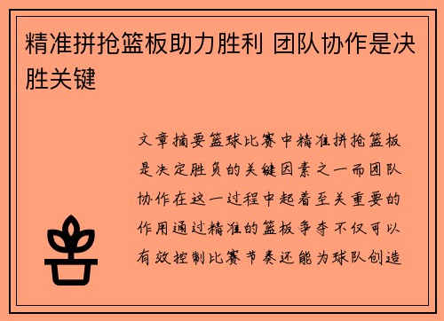 精准拼抢篮板助力胜利 团队协作是决胜关键