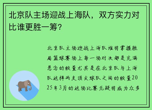 北京队主场迎战上海队，双方实力对比谁更胜一筹？
