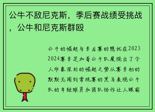 公牛不敌尼克斯，季后赛战绩受挑战，公牛和尼克斯群殴