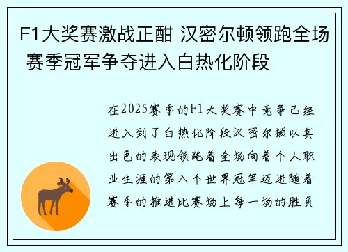 F1大奖赛激战正酣 汉密尔顿领跑全场 赛季冠军争夺进入白热化阶段