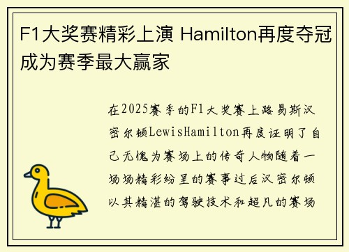 F1大奖赛精彩上演 Hamilton再度夺冠成为赛季最大赢家